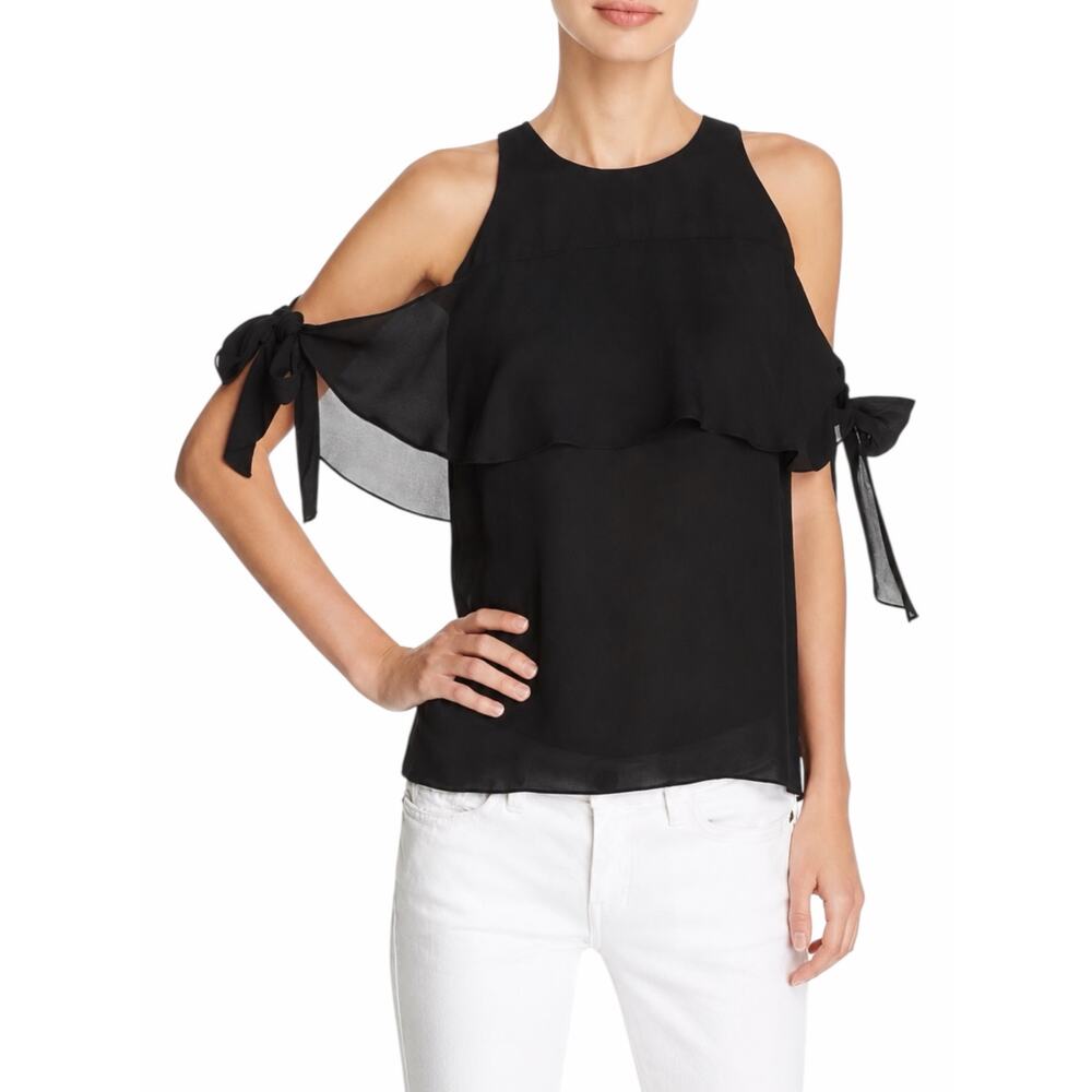 Ramy Brook Penelope Silk Cold Shoulder Tie Sleeve Top Black Size M